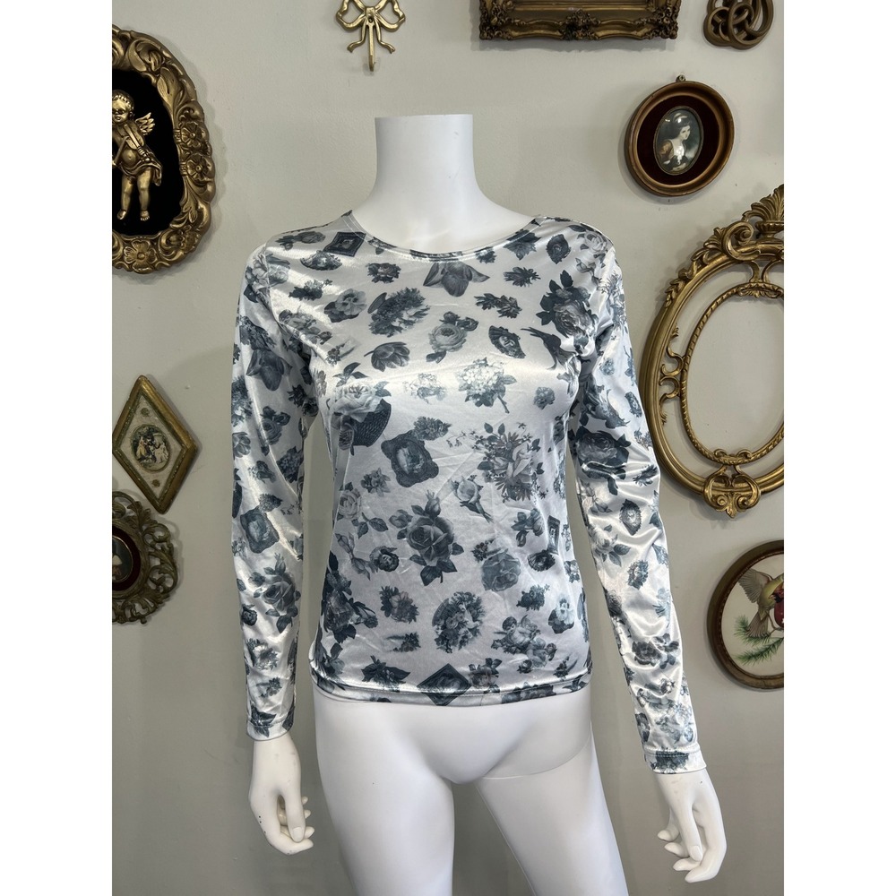 Cheryl Creations Vintage Blue and White Floral Long-Sleeve Top Size L